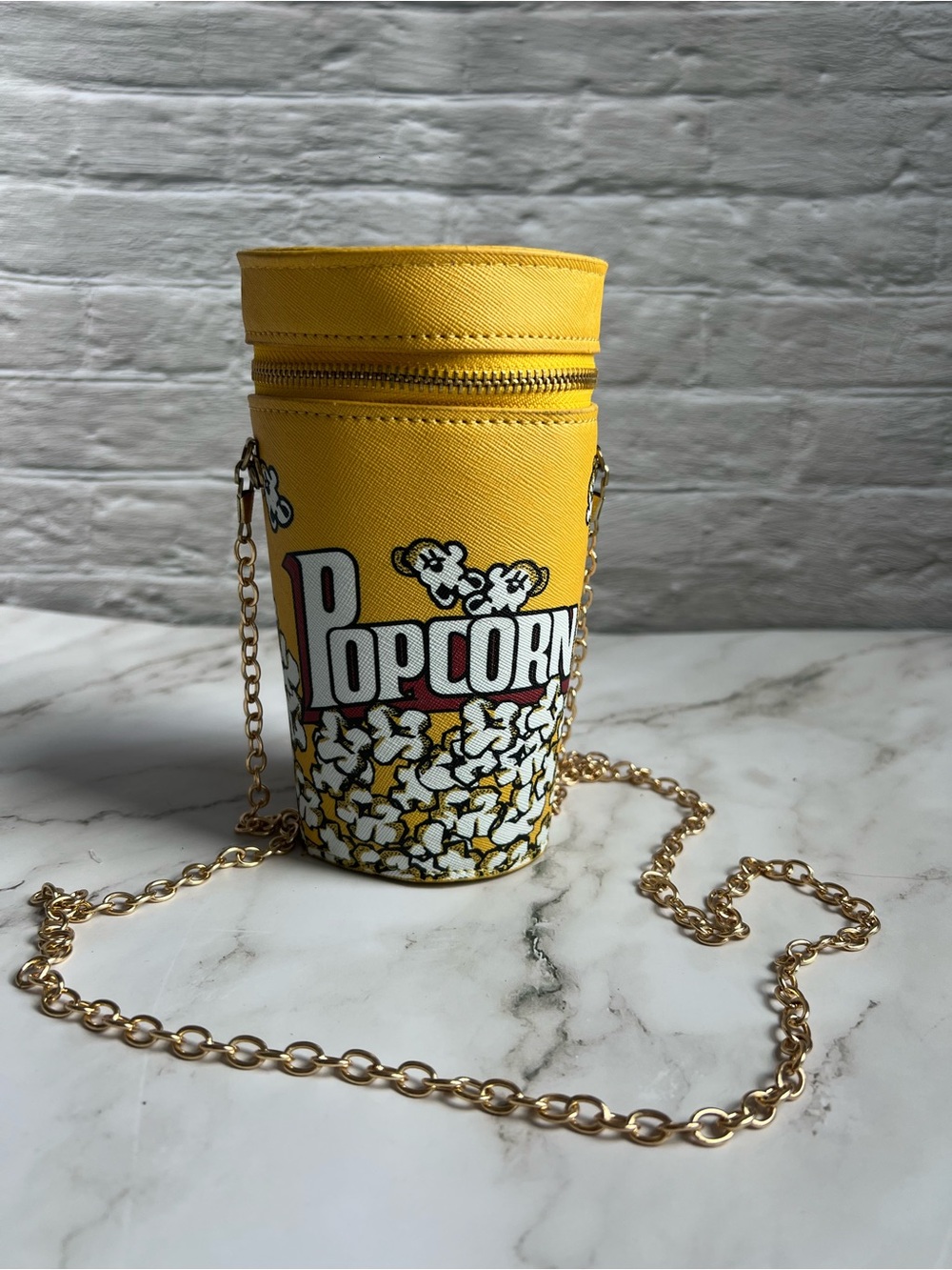 Popcorn Print Yellow Crossbody Bag with Gold Chain